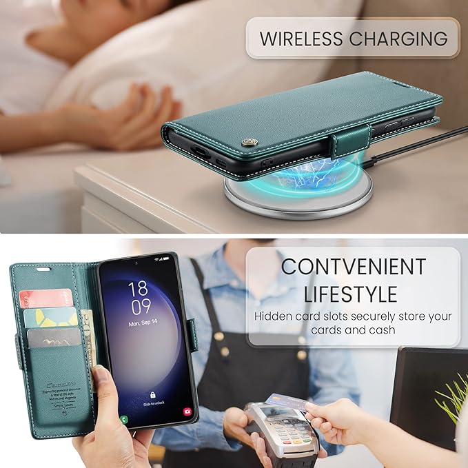 Case for Samsung Galaxy S23 Wallet Case, RFID Blocking PU Leather Flip Folio Cover Card Holder Kickstand Shockproof Phone Case Compatible with Samsung Galaxy S23, Blue Green