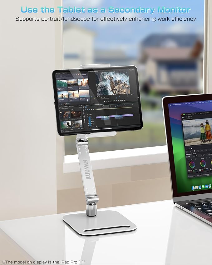 Tablet Stand Holder for iPad, Portable Monitor Stand Holder 15.6'',17.3'', Aluminum Alloy Foldable Arm Mount with 360° Swivel Desk Mount Compatible with 4.7-17.3inch Tablet, Cell Phone (White)