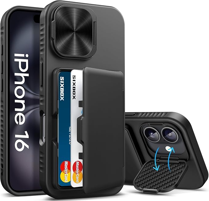 for iPhone 16 Case Wallet, Built-in Stand & Card Holder & Camera Lens Cover, Full Body Protective Rugged Multifunctional Kickstand Heavy Duty Phone Cover Case for iPhone 16 6.1" 2024, Black