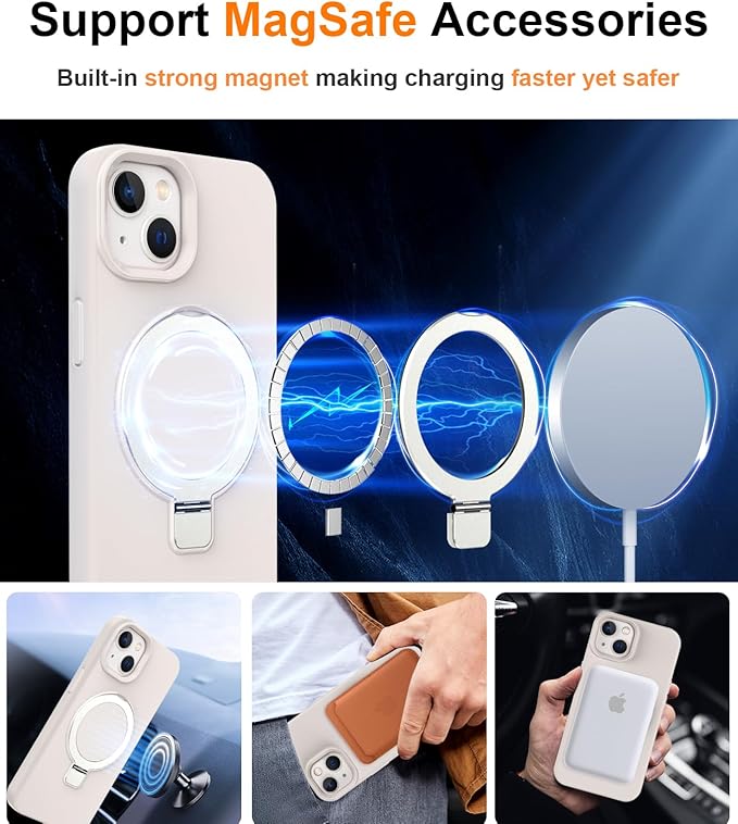 ZHK Liquid Silicone Designed for iPhone 15 Case with Magnet Stand, [Mil-Grade Drop Shockproof][Soft Anti-Scratch Microfiber Lining] Slim Fit Cover, Beige