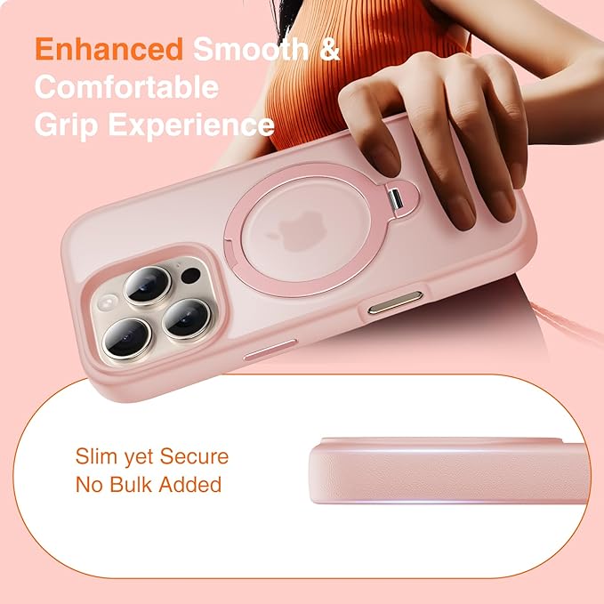 360° O-Ring MagStander for iPhone 16 Pro Case with Magnetic Kickstand Ring Holder [Compatible with MagSafe][360°Rotate Stand Ring][Military Shockproof] iPhone 16 Pro Phone Cover Matte Pink