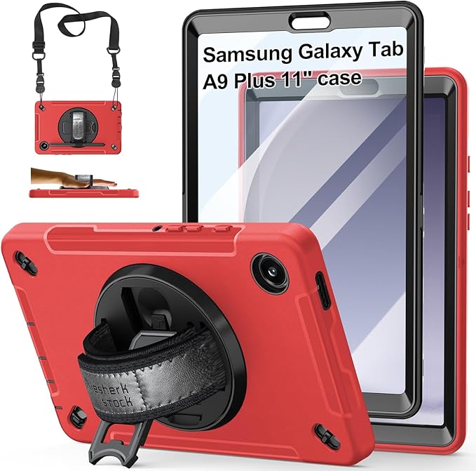 Case for Galaxy Tab A9 Plus 5G 2023: Heavy Duty TPU Cover for Samsung Tablet A9+ 11 Inch with Stand - Handle - Shoulder Strap -S-Pen Holder- Red