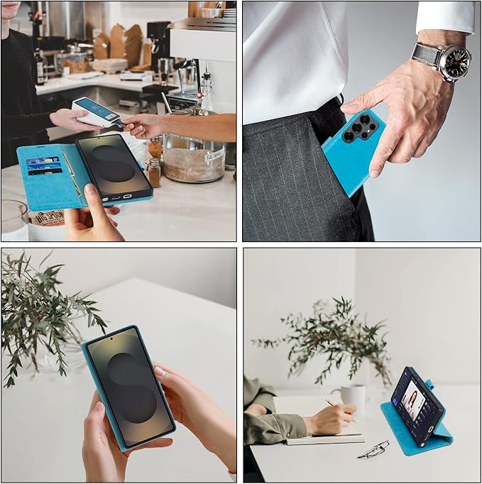 MONASAY Wallet Case Fit for Samsung Galaxy S25 Ultra 6.9 inch, [Lens & Glass Screen Protector Included] [RFID Blocking] Flip Folio Leather Cell Phone Cover with Credit Card Holder, Light Blue