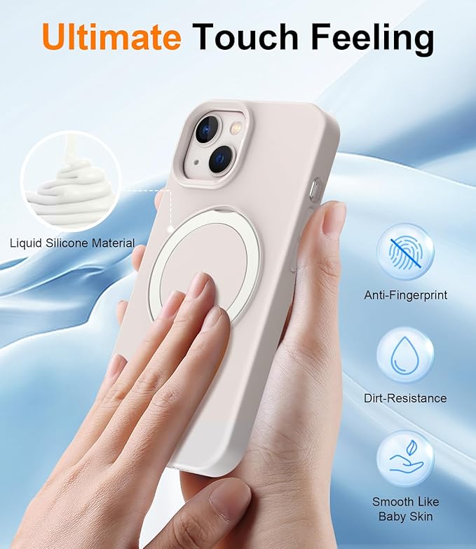 ZHK Liquid Silicone Designed for iPhone 15 Case with Magnet Stand, [Mil-Grade Drop Shockproof][Soft Anti-Scratch Microfiber Lining] Slim Fit Cover, Beige