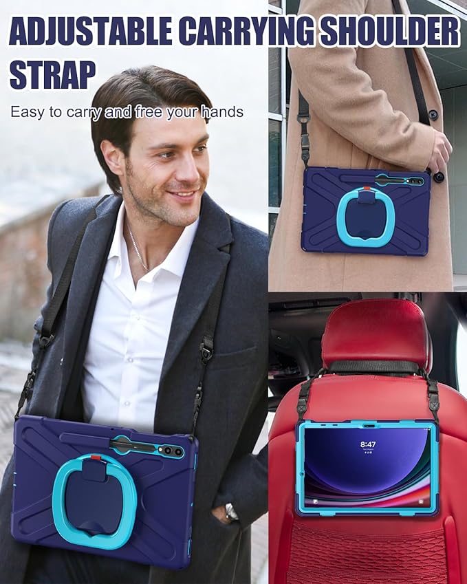 BRAECN Case for 12.4” Samsung Galaxy Tab S10+/ S9 FE+/ S9+/ S8+/ S7 FE/S7+ Plus, Rugged Silicone Cover w/S Pen Holder, Screen Protector, Handle Grip/Kickstand, Shoulder Strap, Navy Blue