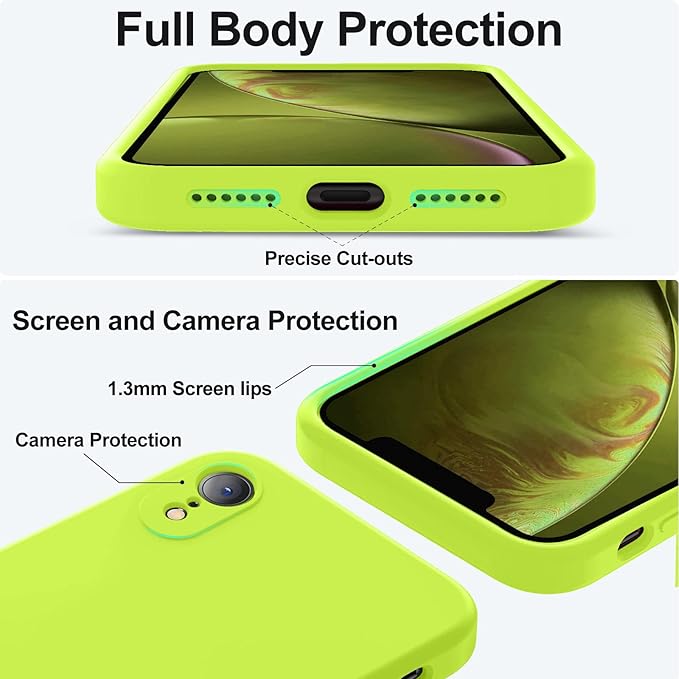 Vooii Compatible with iPhone XR Case, Upgraded Liquid Silicone with [Flat Edges] [Camera Protection] [Soft Anti-Scratch Microfiber Lining] Phone Case for iPhone 10 XR 6.1 inch - Fluorescent Green