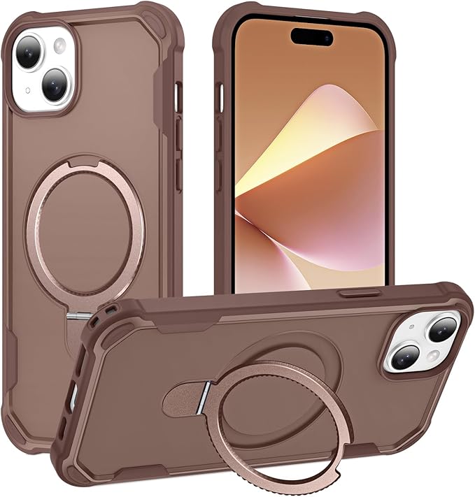 Compatible with iPhone 15 Case with Invisible Magnetic Ring Stand [Compatible with Magnetic] [Military Drop Protection] Shockproof Slim Hard Back Soft Edge Case 6.1 Inch, Khaki