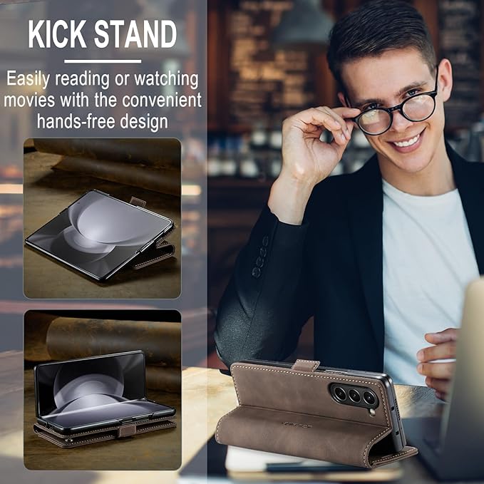 for Samsung Galaxy Z Fold5 Case, Flip Wallet Leather Case with Card Holder Magnetic Closure Shockproof Kickstand Protective Phone Cases Cover for Samsung Galaxy Z Fold5,Coffee