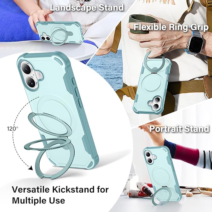 Designed for iPhone 17 Case with Magnetic Stand [Military Drop Protection][Compatible with Magnet] Shockproof 17 Phone Case with Ring Holder, Green