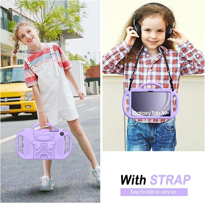 AVAWO Kids Case for Samsung Galaxy Tab A9+/A9 Plus 11 Inch 2023 Case, with Strap, Shockproof Lightweight Handle Stand 2023 Model (SM-X210/X216/X218) with Lanyard, Light Purple