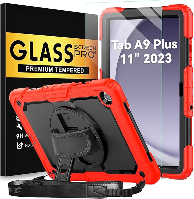 BLOSOMEET Case for Samsung Galaxy Tab A9 Plus with Tempered Glass Screen Protector Shoulder Strap Pencil Holder,Red