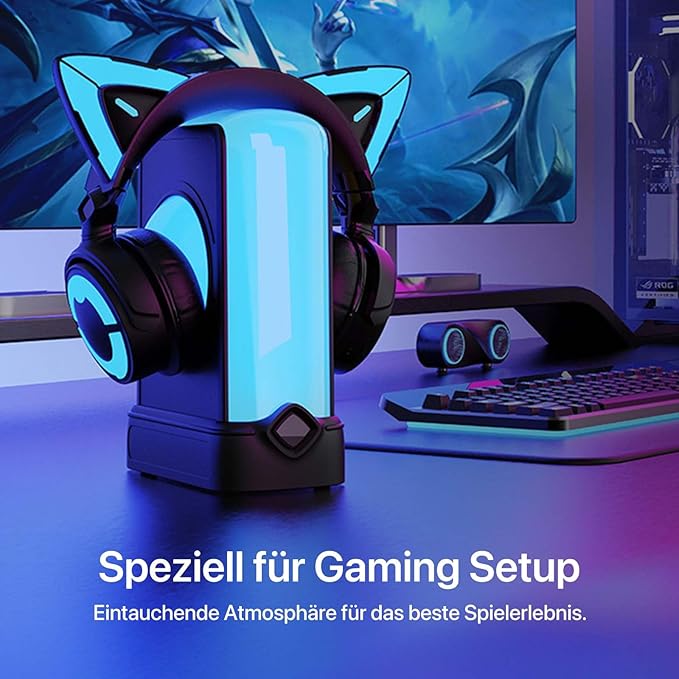 YOWU RGB Headphone Stand with Charger - 4 in 1 Docking Station & 10 Magical Light Modes - Cool Gaming Accessories (Black)