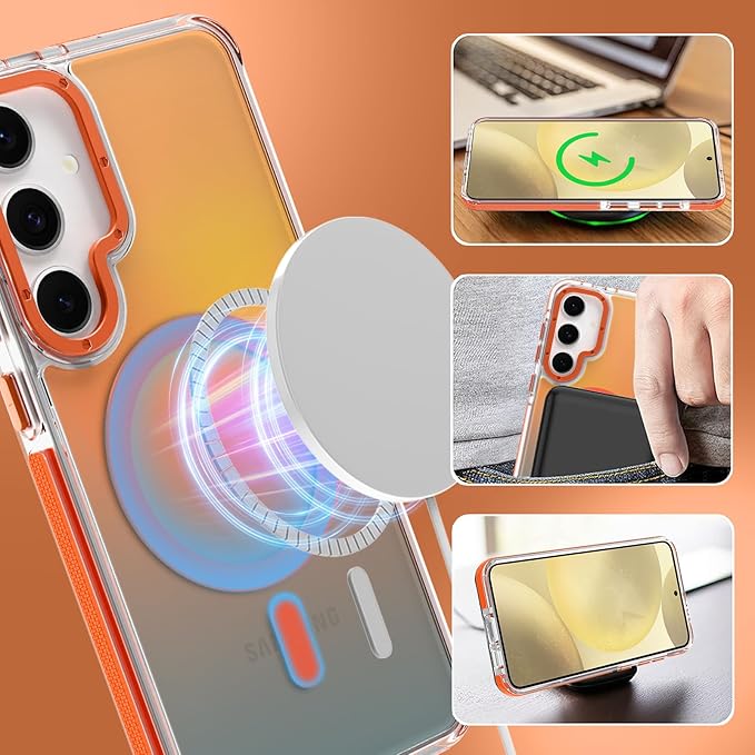 MOWIME Magnetic Case for Samsung Galaxy S24 [Compatible with Magsafe] [Cute Fashion Fluorescent Design] [1 Screen Protector] Slim Translucent Matte Case for Galaxy S24 6.2", Orange
