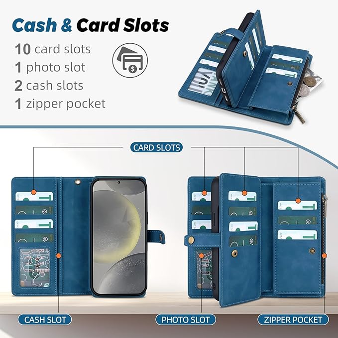 TwoHead for Samsung Galaxy S24 Wallet Case with Card Holder,Detachable Magnetic Phone Case for Galaxy S24,PU Leather Shockproof Protective Phone Cover Wallet with Wrist Strap(6.1 in,Navy Blue)