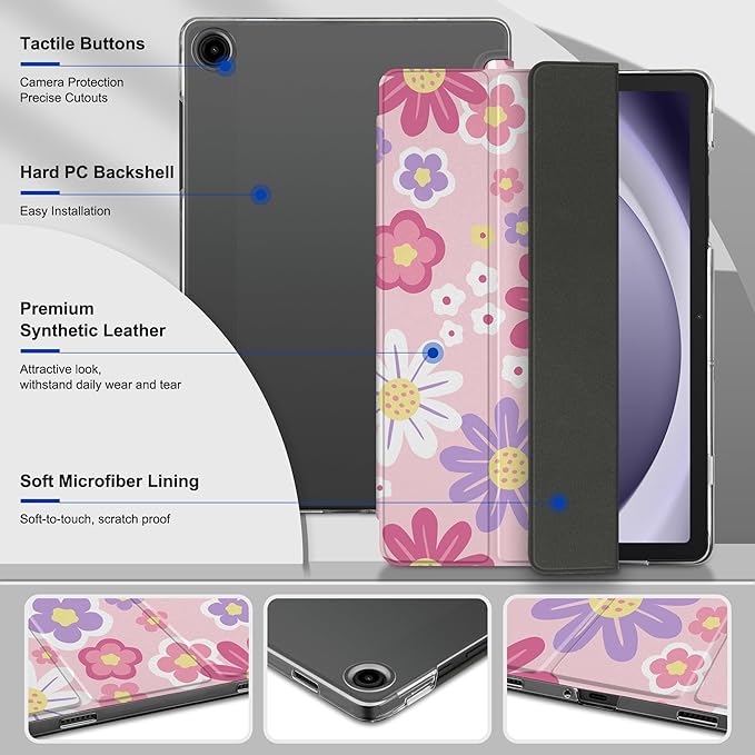 DONGKE Case for Samsung Galaxy Tab A9+/A9 Plus 11 inch 2024 2023 (SM-X210/X216/X218), Slim Stand Hard PC Translucent Back Shell Smart Cover, Auto Wake/Sleep - Power Flowers