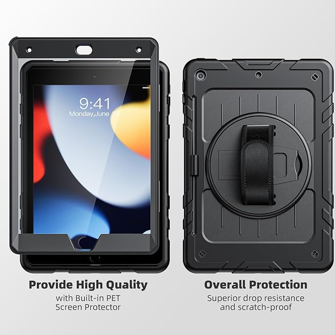 Case for iPad 9th/8th/7th Generation-Built-in Screen Protector,with Pencil Holder&360°Rotating Hand Strap,Shoulder Strap,Case for iPad 10.2 inch 2021-2019(Black)