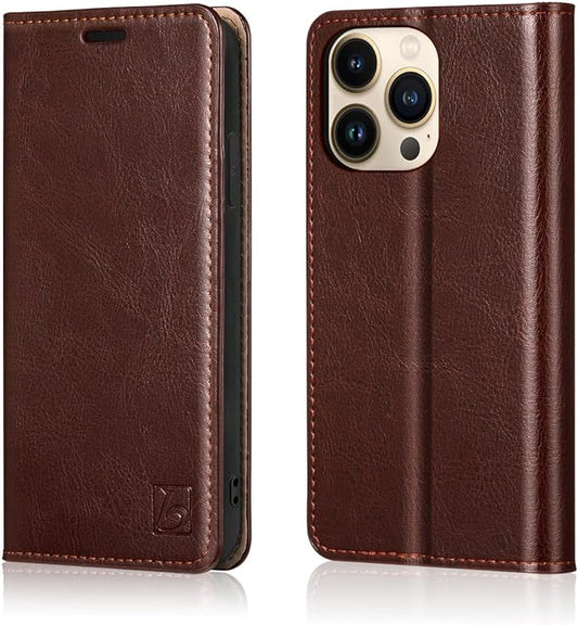 Belemay Compatible with iPhone 14 Pro Wallet Case-Genuine Leather Flip Phone Case-RFID Blocking Card Holders-Shockproof TPU Shell Folio Book Cover Women Men Compatible with iPhone 14 Pro (6.1") Brown