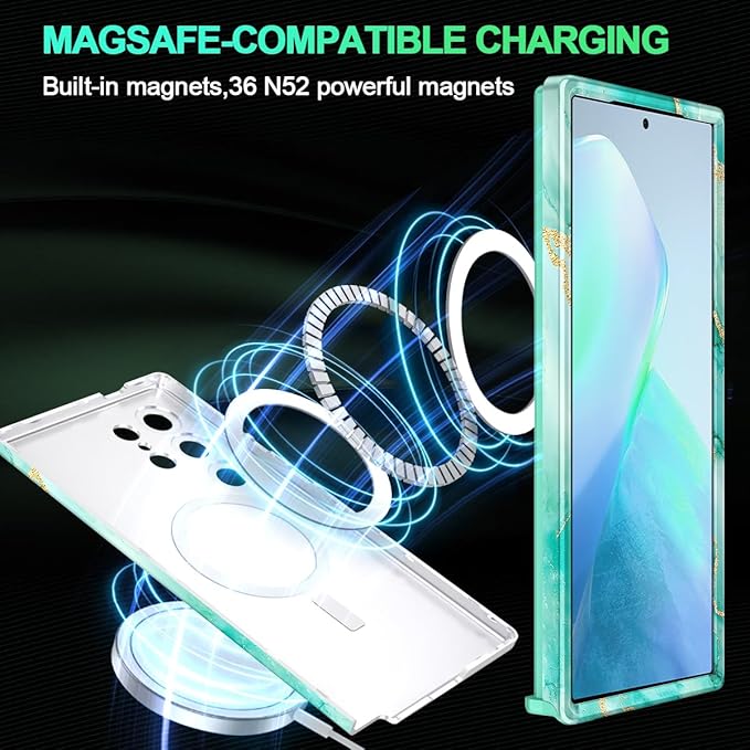 Casetego for Galaxy S24 Ultra Case,Compatible with MagSafe,[Military Grade Drop Test] Full Body Protection Slim Shockproof Rugged Marble Women Case for Samsung Galaxy S24 Ultra 6.8 inch,Turquoise