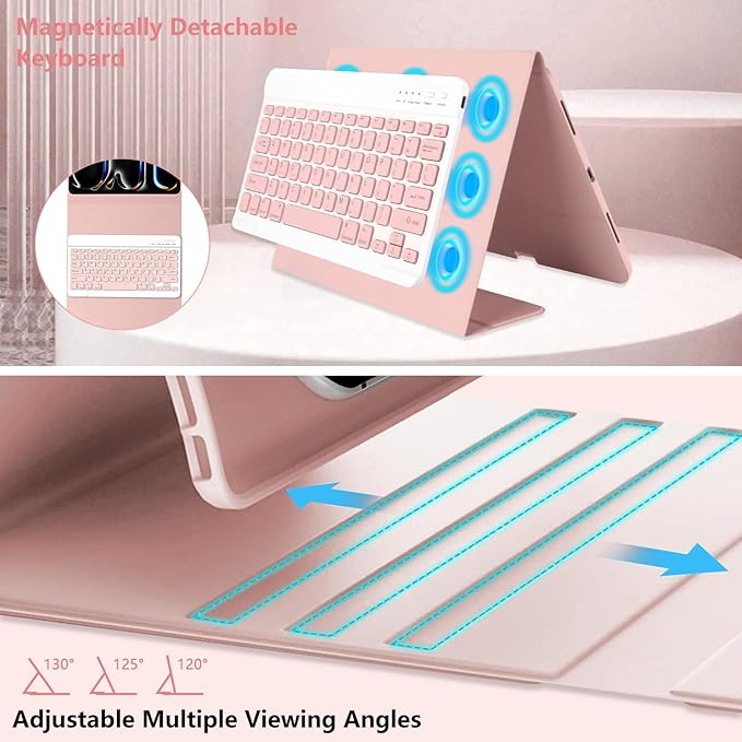 aMZCaSE for iPad Pro 13 inch Case with Keyboard, Keyboard Case for iPad Pro 13 with Bluetooth Detachable Smart Sleep/Wake Cover & Pencil Holder for M4 13 inch, Light Pink
