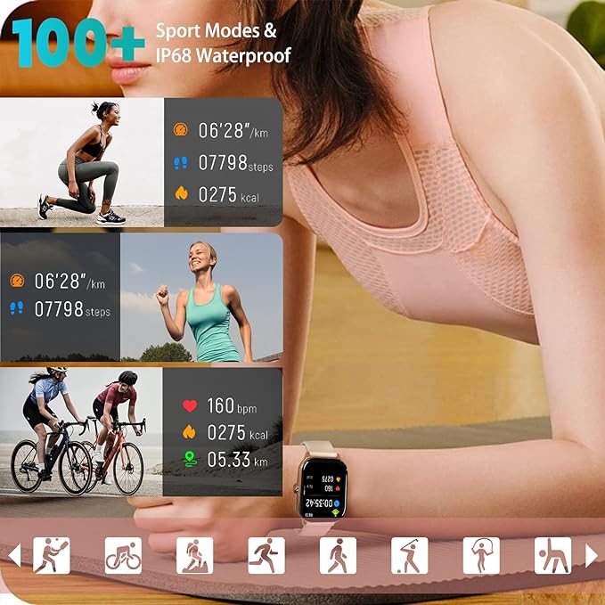 Smart Watch for Women Men(Answer/Make Call), Smartwatches with Heart Rate/SpO2/Sleep/Stress Monitor, IP68 Waterproof Activity Tracker for Android iPhone, 100+ Sports Fitness Watches (Pink, 2.01“)