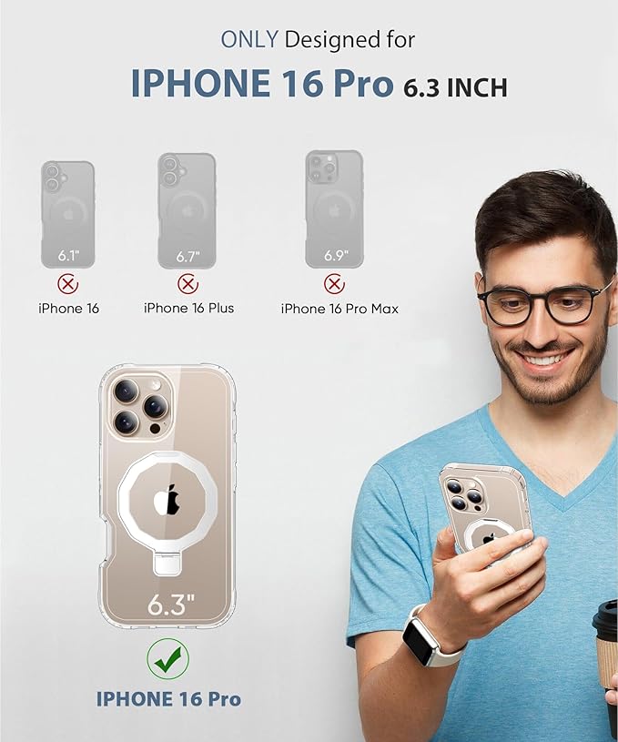 Compatible with iPhone 16 Pro Case, Built-in Screen Protector & Seamless Stand, with Camera Lens Protector, Strong Magnetic Clear Phone Case, Full Body Protective Cover for 6.3" (Clear)