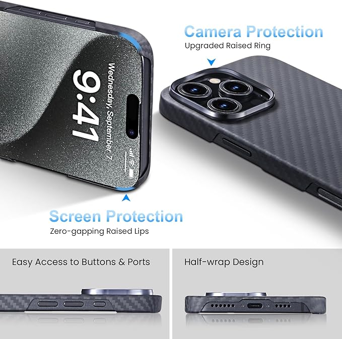 Aramid Fiber for iPhone 16 Pro Case,Compatible with Magnet,Slim & Light Case for iPhone 16 Pro, Touch Feeling, Black/Grey(Twill)
