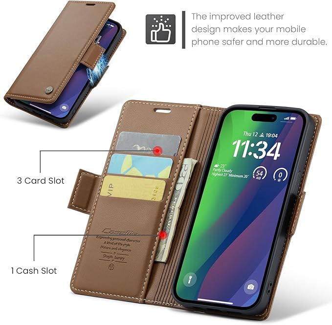 for iPhone 15 Plus Case, Premium PU Leather Wallet Case Flip Cover with [RFID Blocking][Card Holder][Stand Function] Shockproof Protective for iPhone 15 Plus, Brown