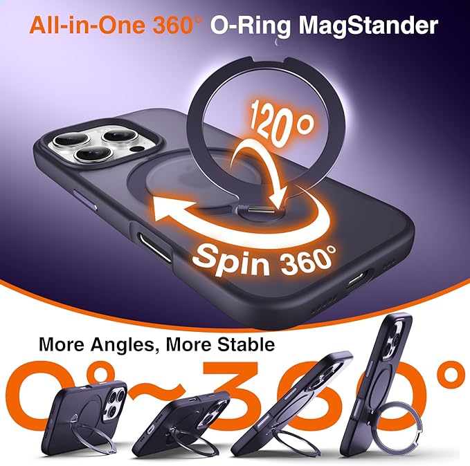360° O-Ring MagStander for iPhone 15 Pro Case with Magnetic Kickstand Ring Holder [Compatible with MagSafe][360°Rotate Stand Ring][Military Shockproof] iPhone 15 Pro Phone Cover Matte Purple