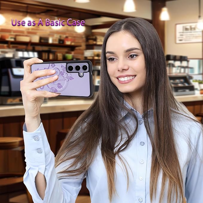 Lacass for Samsung Galaxy S24 Case Wallet,Compatible with MagSafe 2 in 1 Magnetic Detachable PU Leather RFID Blocking Wallet Cover Card Holder Zipper Wrist Strap Lanyard,Floral Light Purple