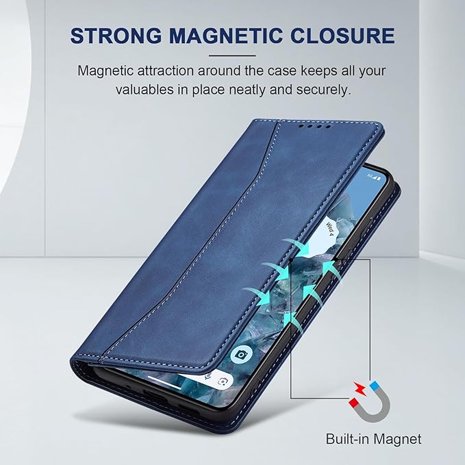 Jasonyu Flip Wallet Case for Google Pixel 8 Pro,Leather Magnetic Folio Cover with Card Holder,Kickstand - TPU Shockproof Durable Protective Phone Case,Blue