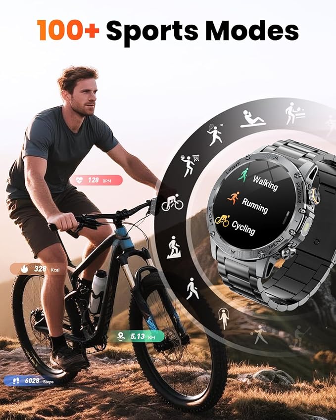 Military Smart Watches for Men, 1.7″ Smart Watch with 1000 mAh Battery, Led Flashlight, Answer/Make Calls, Heart Rate/Sleep Monitor 100+ Sport Modes Fitness Watch for Android/iPhone (2 Straps)