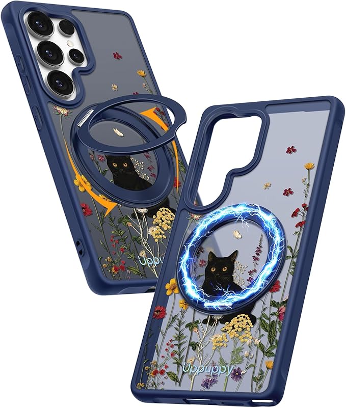 for Samsung Galaxy S25 Ultra Case with 360° Rotatable Magnetic Ring - Compatible with MagSafe, Semi-Transparent Soft-Touch Material Shockproof, Cute Black Cat Design for Women Girl