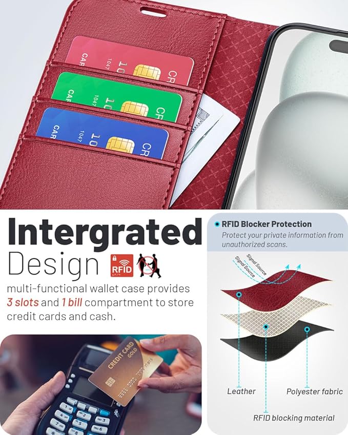 OCASE Compatible with iPhone 16 Wallet Case, PU Leather Flip Folio Case with Card Holders RFID Blocking Kickstand [Shockproof TPU Inner Shell] Phone Cover 6.1 Inch 2024, Red