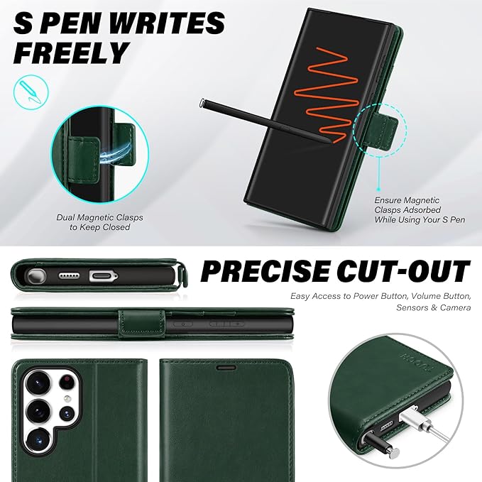 TUCCH Wallet Case for Galaxy S25 Ultra 5G, Magnetic PU Leather Stand [RFID Blocking] Card Slot Protective Folio Flip Cover with TPU Shockproof Interior Case Compatible with Galaxy S25 Ultra, Evergreen