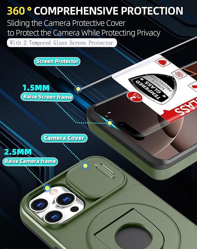 for iPhone 16 Pro Case Magnetic Compatible with MagSafe Wireless Charging with 2Screen Protectors,Case Built-in Kickstand Ring Camera Heavy Duty Protection Military Grade Drop Shockproof Green