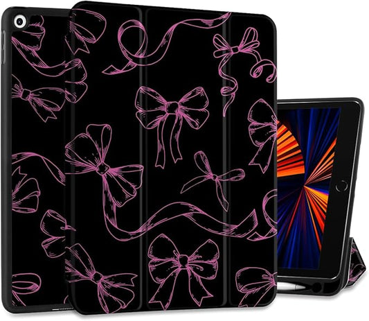 DONGKE Case Compatible with iPad 10.2 Inch 2021 2020 2019 iPad 9th/8th/7th Generation with Pencil Holder, Slim Stand Protective Case with Soft TPU Back, Auto Sleep/Wake Cover, Bows & Silk Ribbon