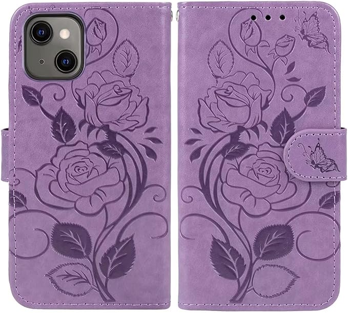 Case for iPhone 13 Case, iPhone 14 Wallet Case with Tempered Glass Screen Protector, Flower Leather Flip Credit Card Holder Stand Phone Cover Cases for iPhone 14 Purple