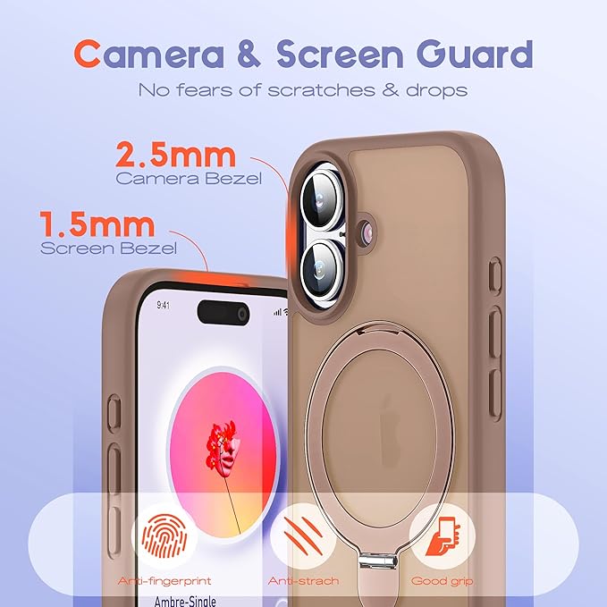Designed for iPhone 16 Pro Max Case with Magnetic Ring Stand [Compatible with Mag-Safe] [Military Drop Protection] Shockproof Translucent Phone Cover 6.9" for Women Men,Brown