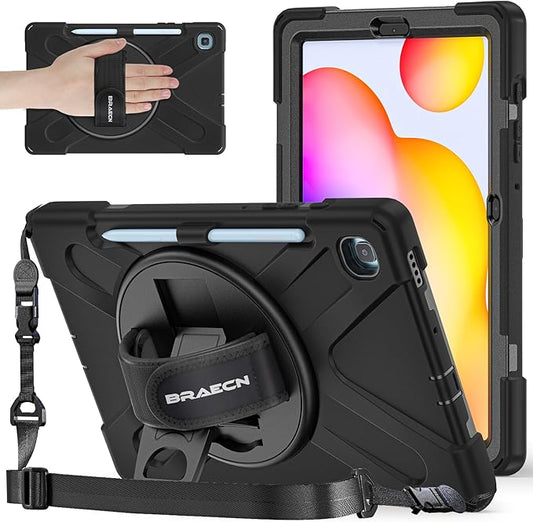 BRAECNstock for Samsung Galaxy Tab S6 Lite Case 10.4 Inch 2024/2022/2020 (SM-P620/P610/P619) Shockproof Rugged Protective Tab S6 Lite Kids Case with Pencil Holder, Rotating Stand & Hand Strap - Black