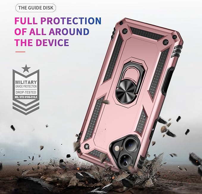 ADDIT Compatible with iPhone 17 Case with Tempered Glass Screen Protector, Adjustable Kickstand Ring, Military-Grade Heavy Duty Protection, Shockproof, Anti-Fingerprint,Rose Gold