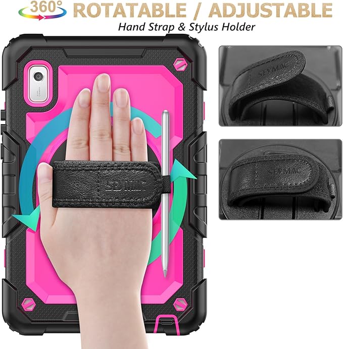 SEYMAC stock Case for Lenovo Tab M9 (TB-310FU) 2023 with Screen Protector, Drop-Proof Protection Cover with 360° Rotating Stand &Strap [Pen Holder] Case for Lenovo Tab M9 9'' (Pink+Black)