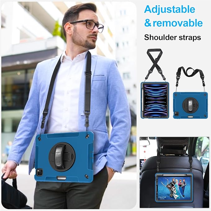 Case for iPad Pro 11 Inch 2022/2021/ 2020/2018: Cover for iPad 11 Inch 4th/ 3rd/ 2nd/ 1st Generation with Screen Protector- Stand- Handle- Shoulder Strap- Pencil Holder Blue