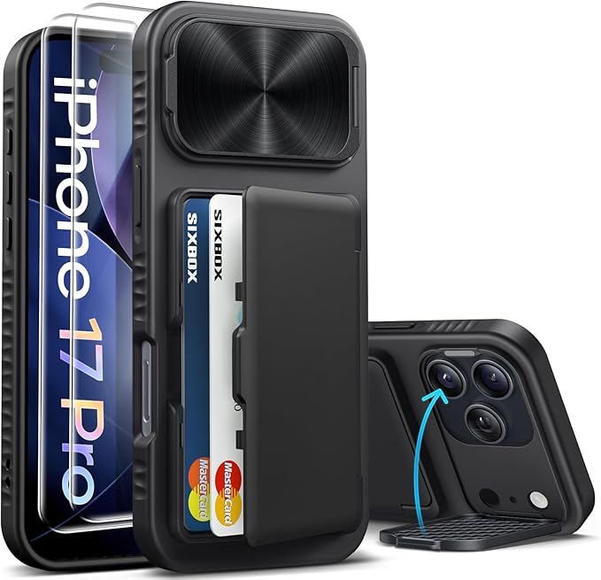 for iPhone 17 Pro Case Wallet with Stand, Built-in [2 Pack] Screen Protector & Card Holder & Camera Cover, Military Grade Drop Protection Phone Case for iPhone 17 Pro 6.3" 2025, Black