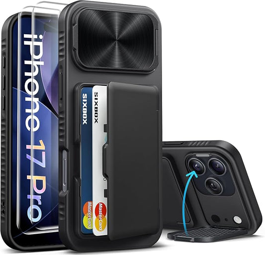 for iPhone 17 Pro Case Wallet with Stand, Built-in [2 Pack] Screen Protector & Card Holder & Camera Cover, Military Grade Drop Protection Phone Case for iPhone 17 Pro 6.3" 2025, Black