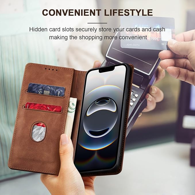 Jasonyu Flip Wallet Case for iPhone 16E,Leather Magnetic Folio Cover with Card Holder,Kickstand - TPU Shockproof Durable Protective Phone Case,Brown