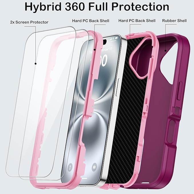 for iPhone 16 Case with 2 Screen Protectors,Heavy Duty Shockproof Drop Protection Military Grade Tri-Layer Rugged Cell Phone Cover with Built-in Invisible Kickstand 6.1“ (Purple)