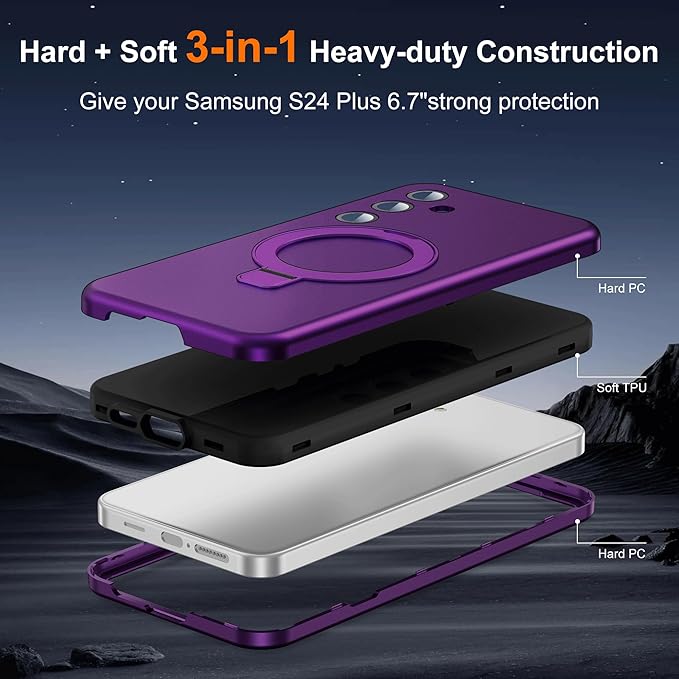 Designed for Samsung Galaxy S24 Plus Case with Magnetic Ring Stand [Compatible with Mag-Safe][Military Grade Drop Protection][Build in Kickstand] Shockproof Galaxy S24+ Phone Case 6.7",Purple