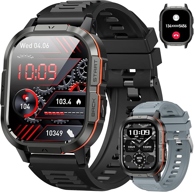 Smart Watch for Men Fitness Tracker: Make/Answer Call Military Smart Watches for Men Digital Watches Run Waterproof Smartwatch Android Phones iPhone Samsung Compatible Heart Rate Monitor Orange Black