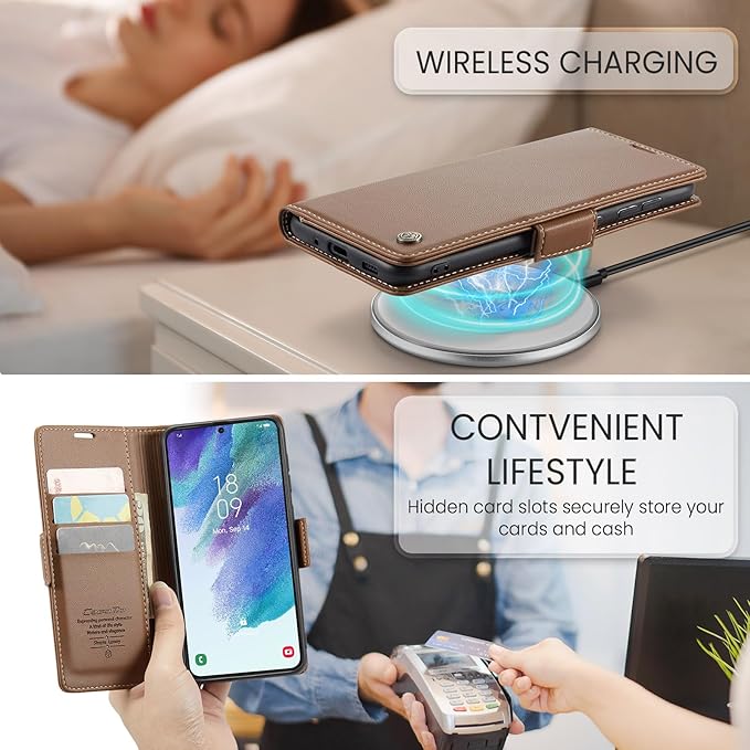 AUPAI for Samsung Galaxy S21 FE Wallet Case with Credit Card Holder, PU Leather RFID Blocking Folio Flip Kickstand Magnetic Clasp Protective Phone Cover for Women Men Brown