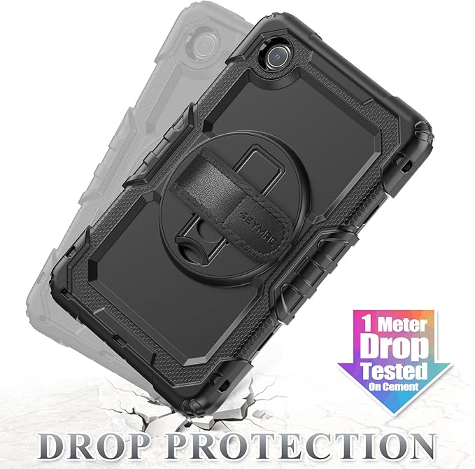 SEYMAC stock Tablet Case for Lenovo Tab One (TB305FU) 8.7 inch Drop-Proof Protection Cover with 360° Rotate Stand & Strap [Pen Holder] & Screen Protector/K9 2025, Black